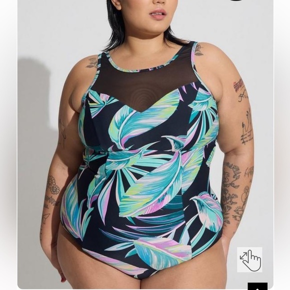 Torrid Wireless Mesh High Neck One Piece Swimsuit Pretty Summer Leaves Black NEW - Picture 1 of 7
